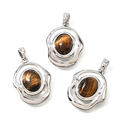 Платина Природных тигровый глаз подвески, Овальные подвески из латуни с защелкивающимися креплениями., платина, 20x16x5 мм, отверстие : 4x3 мм