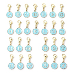 Светло-Голубой 26шт. плоские круглые с буквой a~z сплав эмалированные подвесные украшения, 304 подвески-застежки-лобстеры из нержавеющей стали для украшений сумок, Небесно-голубой, 28 мм