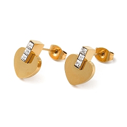Golden Ion Plating(IP) 304 Stainless Steel Heart Stud Earrings with Rhinestone, Golden, 12.5x9.5mm