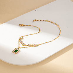 Rectangle 304 браслеты на ногу из нержавеющей стали с зелеными кубическими цирконами и пластиковым жемчугом, золотые, белые, прямоугольные, 8-1/4 дюйм (210 мм)