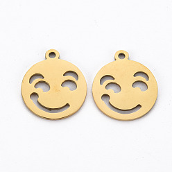 Golden Ion Plating(IP) 201 Stainless Steel Pendants, Cut, Flat Round with Expression, Golden, 17.5x15x1mm, Hole: 1.5mm