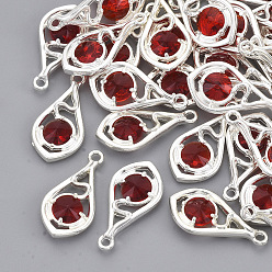 Малиновый Граненые подвески стекла, с настройками открытой спины из экологически чистого сплава, без никеля , слеза, серебряный цвет гальваническим, малиновый, 21x11x3.5 мм, отверстие : 1.6 мм