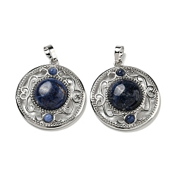 Содалитовое Природные подвески содалитом, покрытие стойки латунные полые плоские круглые подвески, без кадмия и без свинца, платина, 36.5x33x9.5 мм, отверстие : 7.5x5 мм