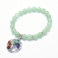 Green Aventurine Natural Green Aventurine Stretch Charm Bracelets, with Alloy Pendants, Flat Round with Tree, 2-1/4 inch(56mm)
