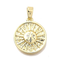Настоящее золото 18K Латунные микро проложить кубического циркония подвески, плоский круглый с солнечными чарами, реальный 18 k позолоченный, 17x15x2 мм, отверстие : 5x2.5 мм