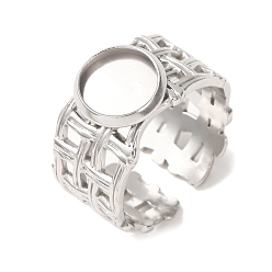 Stainless Steel Color Woven Bezel 304 Stainless Steel Cuff Ring Components, Round Pad Ring Setting, Stainless Steel Color, 14mm,17mm, Tray Size: 8mm