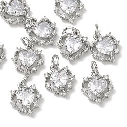 Platinum SHEGRACE Valentine's Day Brass Clear Cubic Zirconia Charms, Heart Charms, Cadmium Free & Lead Free & Nickel Free, Platinum, 13x11x4.5mm, Hole: 3mm