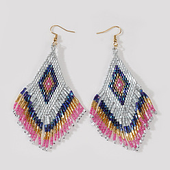 Серебро Элегантные серьги-подвески из стеклянных бусин ручной работы в форме ромба, золотые, серебряные