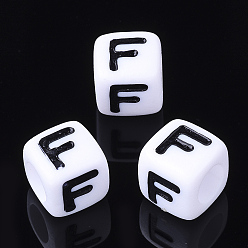 Letter F Letter Acrylic Beads, Cube, White, Letter F, Size: about 7mm wide, 7mm long, 7mm high, hole: 3.5mm, about 2000pcs/500g