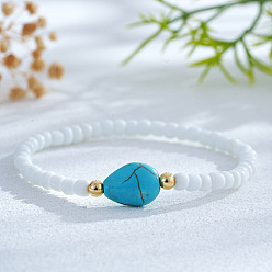 Teardrop Богемные браслеты из белого стеклянного бисера, синтетические бирюзовые эластичные браслеты для женщин, с золотыми латунными бисера, слеза