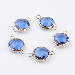 Королевский синий Золотистые латунные стеклянные соединители, граненые, плоско-круглые, королевский синий, 16x10.5x4 мм, отверстие : 1.5 мм