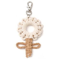 Бежевый Цветы плетеные хлопковые нити подвесные украшения, деревянные бусины и застежки-шармы из сплава для украшений сумок, бежевые, 123 мм