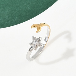 Золотой & Цвет Нержавеющей Стали 304 из нержавеющей стали Манжета кольца для женщин, звезда и луна, золотые и нержавеющая сталь цвет, внутренний диаметр: 20 мм