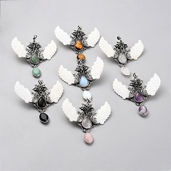Mixed Stone Mixed Gemstone Pendants, with Platinum Brass Findings & Shell, Wing, 84x74x24.5mm, Hole: 6.5x5mm