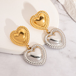 Золотой & Серебряный 304 двухцветные серьги-гвоздики в форме сердца из нержавеющей стали, золотой и серебряный, 38x17.5 мм