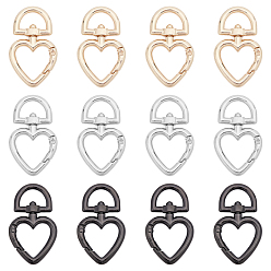 Mixed Color 12Pcs 3 colors Alloy Swivel Clasps, Swivel Snap Hook, Heart, Mixed Color, 44.5x26.5x5.5mm, Hole: 14x6.5mm, 4pcs/color