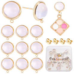 Real 18K Gold Plated 20Pcs Flat Round Brass & Glass Stud Earrings, with Loop, with 20Pcs Brass Ear Nuts, Real 18K Gold Plated, 14x12mm, Hole: 1.2mm, Pin: 0.7mm