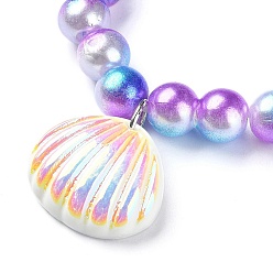 Medium Purple Plastic & Resin Bead Jewelry Set for Kids, including Shell & Mermaid Tail Pendant Necklaces & Charm Bracelets, Heart Finger Rings & Clip-on Earring, Medium Purple, Necklace: 18-1/2 inch(47cm), Earring: 38x20mm, Inner Diameter: Bracelet: 1-5/8 inch(4.2cm), Ring: 15mm