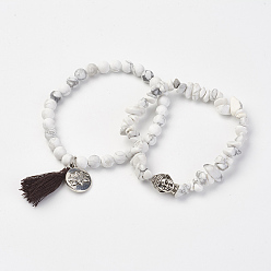Howlite Natural Howlite Beads Stretch Bracelets, Stackable Bracelets, with Brass & Alloy Findings, Frosted, Round & Chips, Burlap Packing, 2 inch~2-1/8 inch(50~53mm), 2strands/set