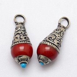 Красный Подвески из латуни в форме капли, с драгоценным камнем для имитации смолы и античным серебром, красные, 26~28x11 мм, отверстие : 4 мм