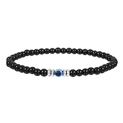 Obsidian Glass Evil Eye 4MM Natural Obsidian Beaded Stretch Bracelets for Men, 7.09 inch(18cm)~7.48 inch(19cm)
