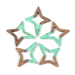 Pale Turquoise Transparent Resin & Walnut Wood Pendants, with Gold Foil, Star, Pale Turquoise, 38x33x3mm, Hole: 2mm