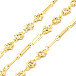 Golden Rack Plating Brass Star & Oval Link Chains, with Clear Cubic Zirconia, Long-Lasting Plated, Soldered, with Spool, Cadmium Free & Lead Free, Golden, 8.5x5.5x1.5mm, 10x2x0.5mm