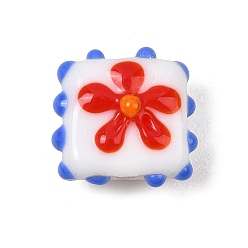 Белый Ручной работы ухабистым Шарики Lampwork, прямоугольник с цветочным узором, белые, 16~17x16~17x9~11 мм, отверстие : 1.6~1.8 мм