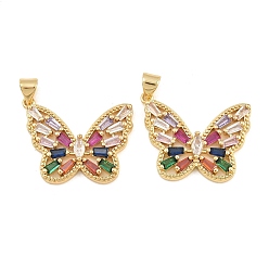 Colorful Brass Micro Pave Cubic Zirconia Pendants, Butterfly Charms, Long-Lasting Plated, Lead Free & Cadmium Free, Rack Plating, Real 18K Gold Plated, Colorful, 20x25.5x4mm, Hole: 3x4mm