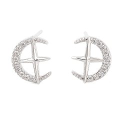 Платинированный 925 серьги-гвоздики из стерлингового серебра с микропаве из прозрачных кубических цирконий для женщин, Луна и звезды, Реальная платина, 10x8 мм