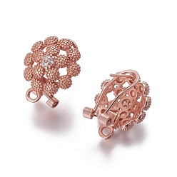 Розовое Золото Латунные серьги-гвоздики из циркония, французские серьги-клипсы, с петлей, цветок, прозрачные, розовое золото , 19x14.5x12 мм, отверстие : 1.8 мм, штифты : 0.7 мм