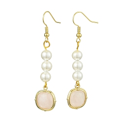 Rose Quartz Shell Pearl & Natural Rose Quartz Dangle Earrings, with 304 Stainless Steel Earring Hooks, Golden, Oval, 60x14mm