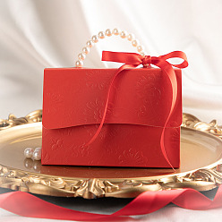 Красный Свадебное платье в европейском стиле, бумажные коробки для упаковки конфет и подарков с лентой и искусственным жемчугом из АБС-пластика, складные ящики для хранения на свадьбу, форма сумочки, красные, 7.5x9.8x6.1 см