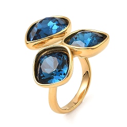 Prussian Blue Teardrop & Square Glass Open Cuff Rings, Real 18K Gold Plated 304 Stainless Steel Ring, Prussian Blue, US Size 7 1/4(17.5mm)