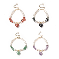 Mixed Stone 4Pcs 4 Style Natura Mixed Gemstone & Shell Beaded Bracelets Set with Heart Charms for Women, 7-1/4 inch(18.5cm), 1Pc/style