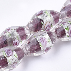 Розово-Коричневый Ручная серебряная фольга стеклянные бусины Lampwork, овальные с цветком, розово-коричневый, 16~17x9~11 мм, отверстие : 1.5~2 мм