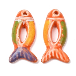 Orange Handmade Porcelain Big Pendants, Hand Painted, Famille Rose Porcelain, Fish Charms, Orange, 65x32x10mm, Hole: 5.5mm