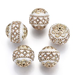 White Handmade Indonesia Beads, with Metal Findings, Round, Light Gold, White, 19.5x19mm, Hole: 1mm