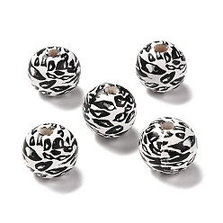 Black Printed Wood European Beads, Large Hole Beads, Round with Leopard Print Pattern, Dyed, Black, 16x15mm, Hole: 4mm