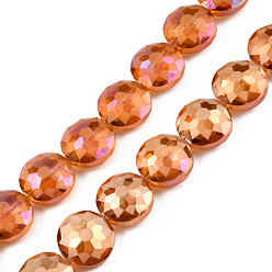 Коралловый Стеклянные бусины с гальваническим покрытием , матовые, с покрытием цвета радуги, граненые, плоско-круглые, коралл, 14x8~10 мм, отверстие : 1.5 мм, около 48~50 шт / нитка, 25.59~26.77 дюйм