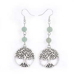 Green Aventurine Tibetan Style Alloy Dangle Earrings, with Natural Green Aventurine Beads and Iron Earring Hooks, Flat Round with Tree of Life, 71.5mm, Pin: 0.6mm