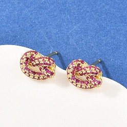 Средний Фиолетово-красный Серьги-гвоздики из латуни с микропаве из кубических цирконий, стойки покрытие, долговечный, без кадмия и без свинца, реальный 18 k позолоченный, средне фиолетовый красный, 7x11.5 мм