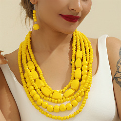 Золотистый Комплекты из многослойных ожерелий и серег с подвесками из деревянных бусин, золотые, 640~720 мм