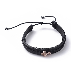 Розовое Золото Браслеты с регулируемым шнуром унисекс, с коровьей кожаный шнур, вощеный шнур и латунные бусины из циркония, крестик, розовое золото , 2-3/8 дюйм (6 см)