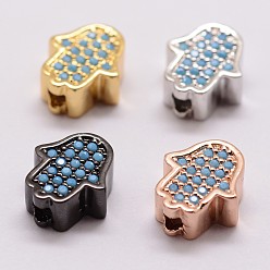 Mixed Color Brass Micro Pave Cubic Zirconia Beads, Hamsa Hand/Hand of Fatima/Hand of Miriam, Lead Free & Nickel Free & Cadmium Free, Mixed Color, 9.5x8x4mm, Hole: 1mm
