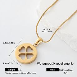 Flat Round 304 Stainless Steel Pendant Necklaces for Women, Golden, Flat Round with Hollow Four-Leaf Clover, 15.75 inch(40cm)