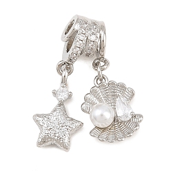 Platinum Brass Micro Pave Clear Cubic Zirconia Dangle Beads, Star & Shell Shape, with ABS Plastic Pearl, Rack Plating, Long-Lasting Plated, Lead Free & Cadmium Free, Platinum, 27mm, Hole: 3mm