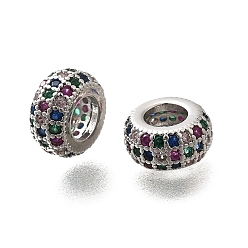 Платинированный Латунные микро проложить Цирконий Европейский бисером, бусины с большим отверстием, без кадмия, без никеля и без свинца, плоско-круглые, Реальная платина, 9.5x5 мм, отверстие : 4.5 мм