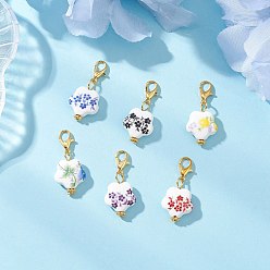 Золотой 6 шт. 6 цвета фарфоровые подвесные украшения, цветок, с цинковым сплавом застежками омаров коготь, золотые, 31 мм, 1 шт / цвет