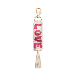 Camellia Valentine's Day Word Love Hand-woven Cotton Pendant Decorations, Bohemian Style Letter Tassel Ornaments, with Alloy Lobster Clasp Charm, Camellia, 180x28mm